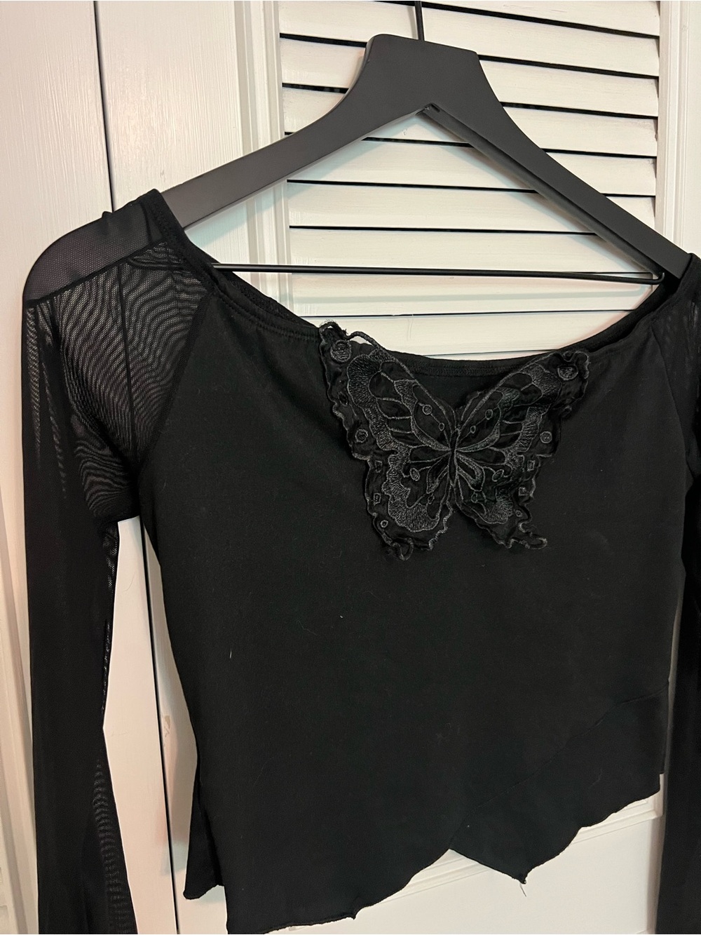 Y2K Black Top with Lace Butterfly Accent and Sheer Sleeves